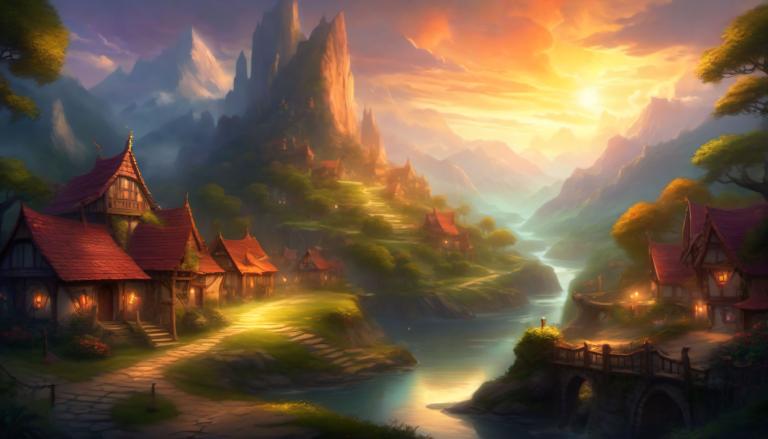 Fantasy Art,Fantasy Art, Village, village, scenery, tree, mountain, outdoors, cloud, water, sky, house, sun