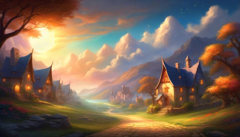 Fantasy Art,Fantasy Art, Village, village, scenery, tree, sky, cloud, outdoors, no humans, grass, mountain