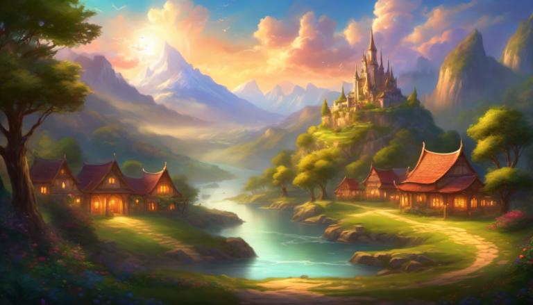 Fantasy Art,Fantasy Art, Village, village, scenery, no humans, tree, cloud, mountain, sky, outdoors, grass