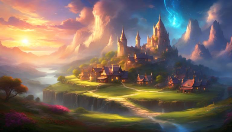 Fantasy Art,Fantasy Art, Village, village, scenery, no humans, cloud, sky, tree, outdoors, mountain, castle