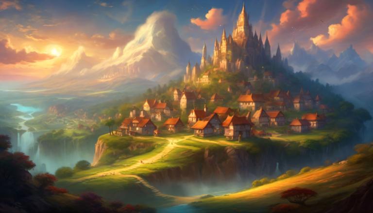 Fantasy Art,Fantasy Art, Village, village, scenery, cloud, no humans, outdoors, sky, mountain, tree, castle