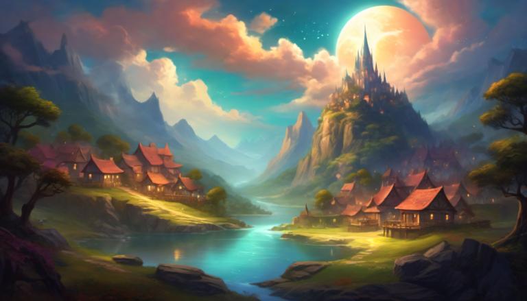 Fantasy Art,Fantasy Art, Village, village, scenery, moon, cloud, tree, sky, no humans, outdoors, mountain