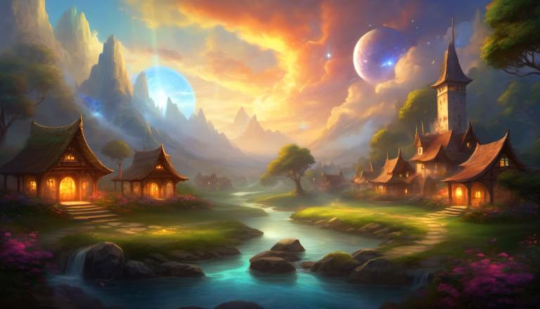 Fantasy Art,Fantasy Art, Village, village, no humans, scenery, tree, moon, sky, cloud, outdoors, water