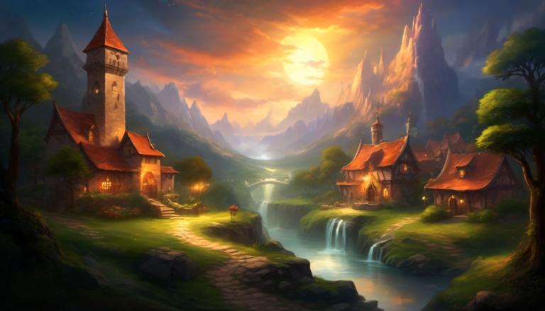 Fantasy Art,Fantasy Art, Village, village, scenery, tree, no humans, sky, water, cloud, outdoors, waterfall