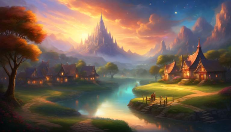 Fantasy Art,Fantasy Art, Village, village, scenery, tree, sky, outdoors, cloud, water, mountain, river, grass