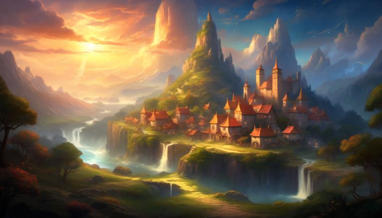 Fantasy Art,Fantasy Art, Village, village, scenery, no humans, tree, cloud, waterfall, sky, outdoors