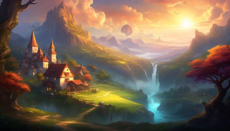 Fantasy Art,Fantasy Art, Village, village, scenery, tree, cloud, no humans, mountain, outdoors, waterfall