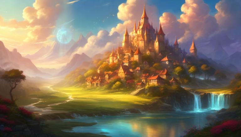 Fantasy Art,Fantasy Art, Village, village, scenery, cloud, no humans, outdoors, tree, sky, waterfall, castle