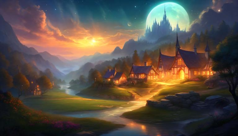 Fantasy Art,Fantasy Art, Village, village, scenery, moon, no humans, sky, tree, outdoors, cloud, night