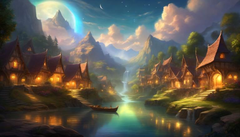 Fantasy Art,Fantasy Art, Village, village, moon, scenery, sky, no humans, cloud, water, tree, outdoors