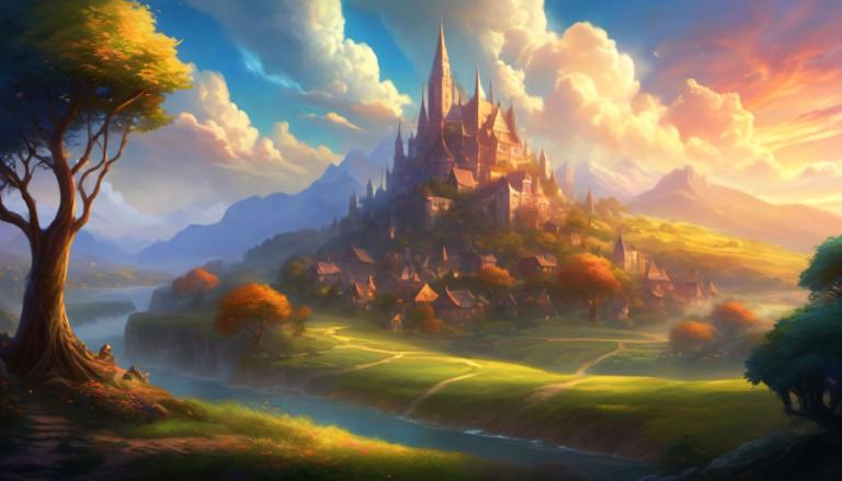 Fantasy Art,Fantasy Art, Village, village, scenery, tree, cloud, outdoors, sky, castle, mountain, grass