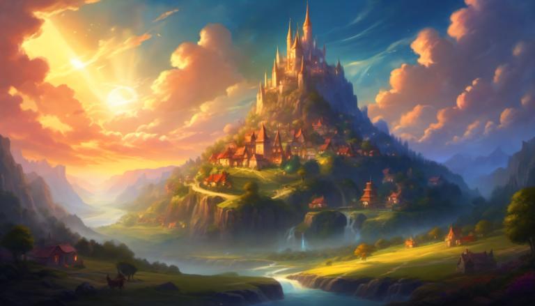 Fantasy Art,Fantasy Art, Village, village, scenery, cloud, sky, outdoors, mountain, tree, castle, no humans