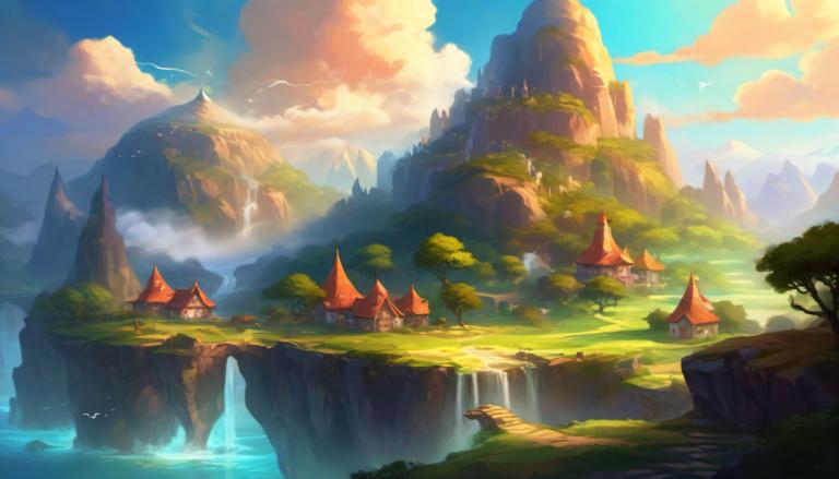 Fantasy Art,Fantasy Art, Village, village, scenery, waterfall, no humans, outdoors, cloud, sky, tree, bird