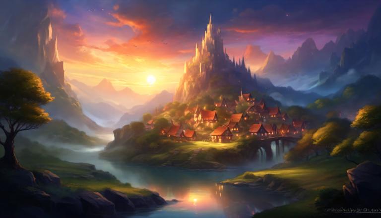 Fantasy Art,Fantasy Art, Village, village, scenery, no humans, tree, mountain, sky, cloud, outdoors, sunset