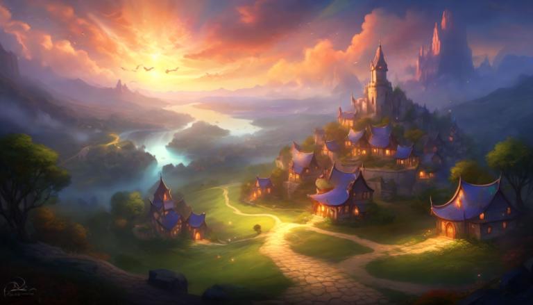 Fantasy Art,Fantasy Art, Village, village, scenery, cloud, no humans, tree, outdoors, sky, fantasy, mountain