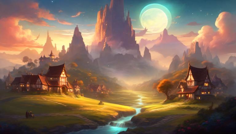 Fantasy Art,Fantasy Art, Village, village, scenery, moon, cloud, sky, outdoors, no humans, mountain, water