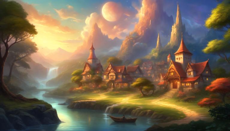 Fantasy Art,Fantasy Art, Village, village, scenery, tree, no humans, cloud, sky, outdoors, moon, water, river