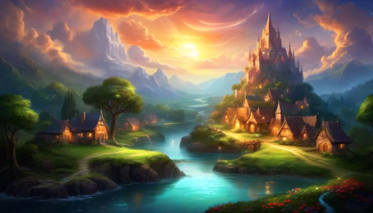 Fantasy Art,Fantasy Art, Village, village, scenery, no humans, tree, cloud, sky, outdoors, mountain, castle