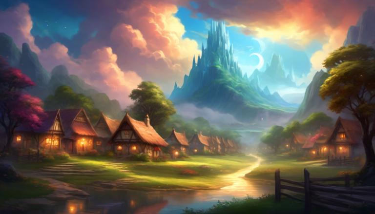 Fantasy Art,Fantasy Art, Village, village, tree, scenery, cloud, no humans, sky, outdoors, moon, mountain