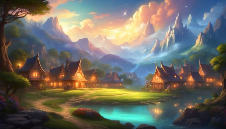 Fantasy Art,Fantasy Art, Village, village, scenery, no humans, tree, sky, cloud, outdoors, mountain, water