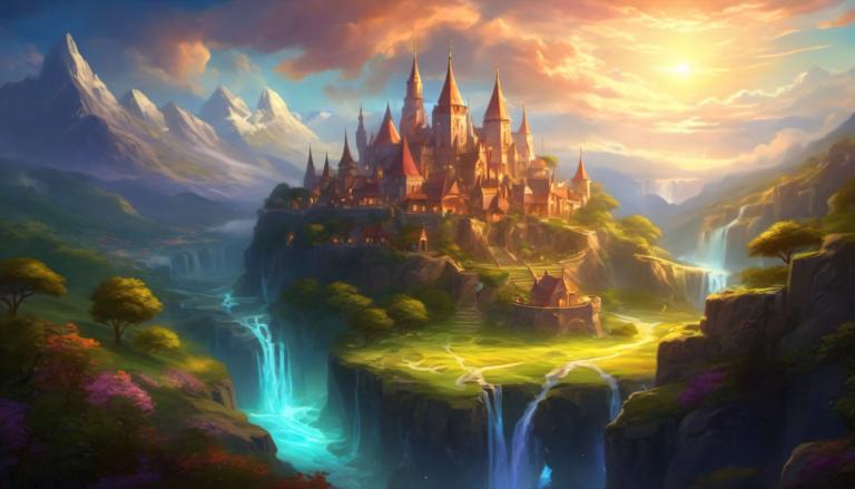 Fantasy Art,Fantasy Art, Village, village, scenery, waterfall, cloud, no humans, castle, outdoors, mountain