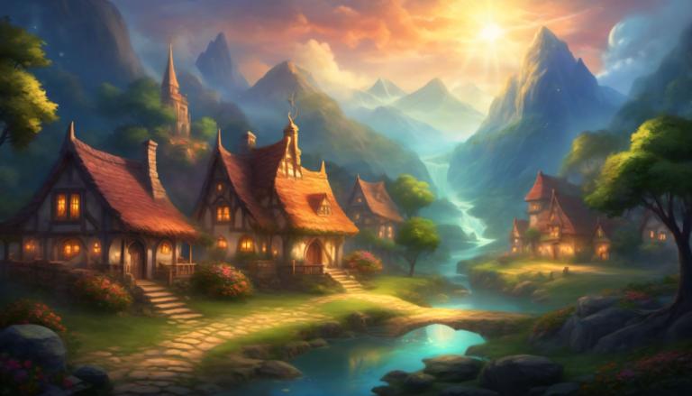 Fantasy Art,Fantasy Art, Village, village, no humans, scenery, tree, sky, outdoors, cloud, mountain, water