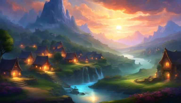 Fantasy Art,Fantasy Art, Village, village, scenery, no humans, cloud, tree, mountain, outdoors, sky, water