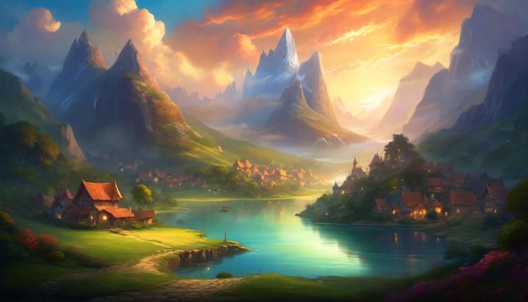 Fantasy Art,Fantasy Art, Village, village, scenery, mountain, no humans, cloud, outdoors, sky, tree, water