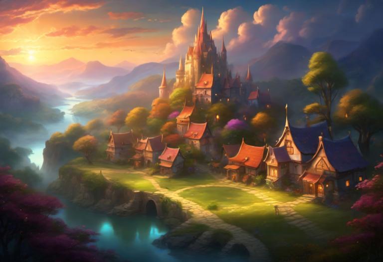 Fantasy Art,Fantasy Art, Village, village, scenery, tree, no humans, cloud, outdoors, sky, mountain, sunset