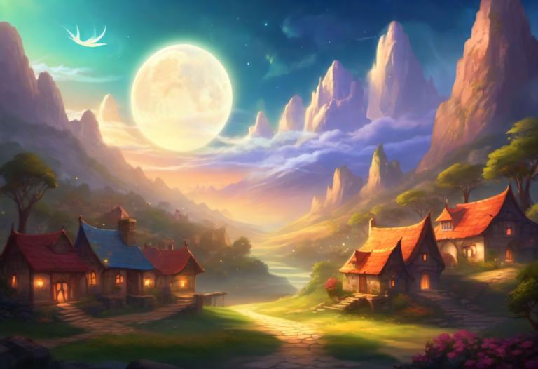 Fantasy Art,Fantasy Art, Village, village, scenery, moon, no humans, sky, tree, mountain, outdoors, cloud