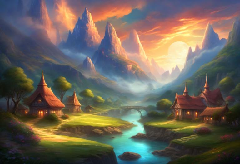 Fantasy Art,Fantasy Art, Village, village, scenery, no humans, mountain, tree, cloud, outdoors, sky, water