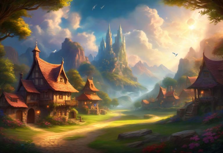 Fantasy Art,Fantasy Art, Village, village, scenery, tree, outdoors, cloud, no humans, sky, bird, flower