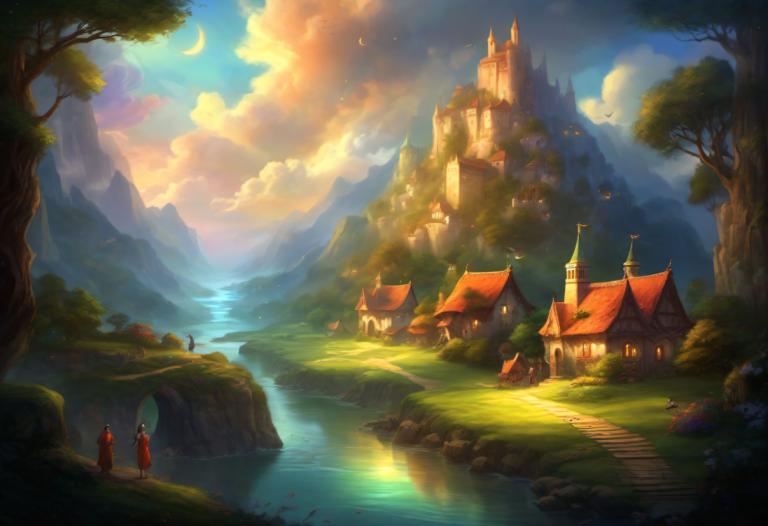 Fantasy Art,Fantasy Art, Village, village, scenery, tree, cloud, outdoors, sky, bird, water, castle, moon