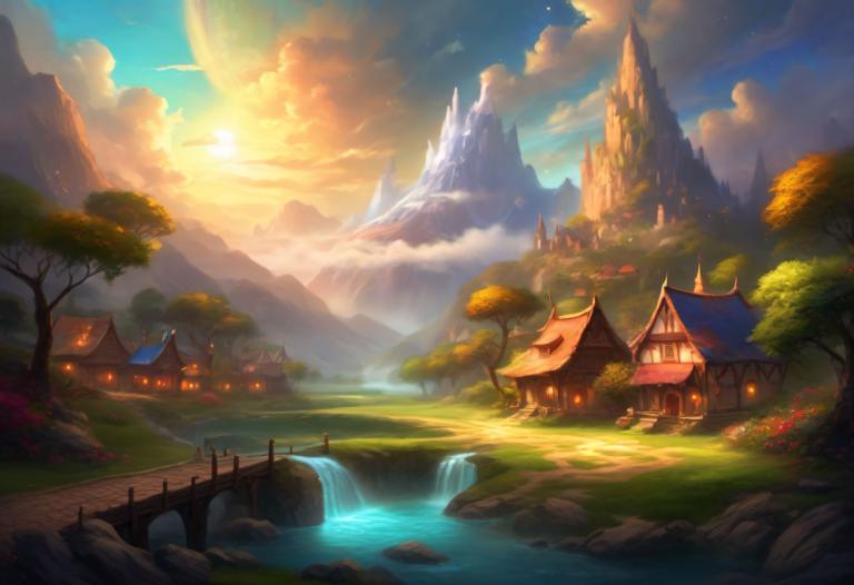 Fantasy Art,Fantasy Art, Village, village, scenery, tree, no humans, cloud, mountain, sky, outdoors, water