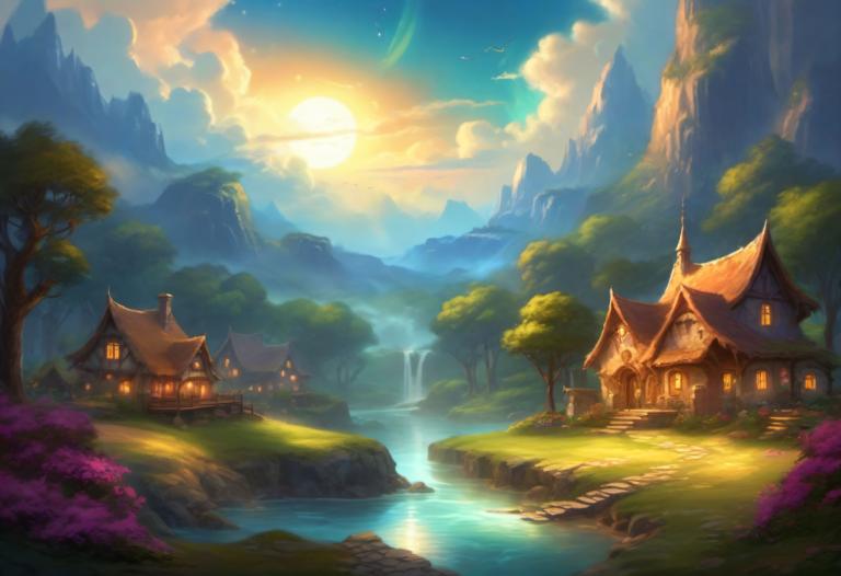 Fantasy Art,Fantasy Art, Village, village, scenery, tree, no humans, outdoors, sky, mountain, cloud, water