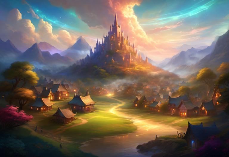 Fantasy Art,Fantasy Art, Village, village, scenery, sky, cloud, tree, no humans, outdoors, mountain, river