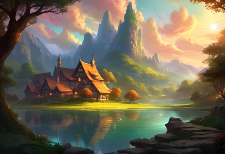 Fantasy Art,Fantasy Art, Village, village, scenery, tree, no humans, cloud, sky, outdoors, mountain, water