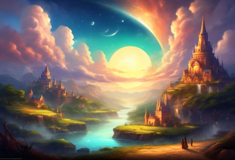 Fantasy Art,Fantasy Art, Village, village, scenery, moon, cloud, sky, castle, tree, outdoors, water