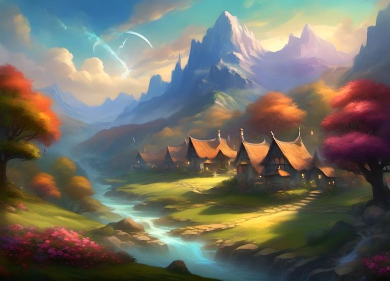 Fantasy Art,Fantasy Art, Village, village, scenery, mountain, no humans, tree, outdoors, cloud, sky