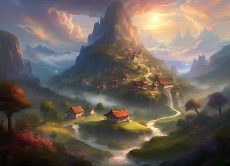 Fantasy Art,Fantasy Art, Village, village, scenery, no humans, mountain, cloud, tree, sky, outdoors, sun