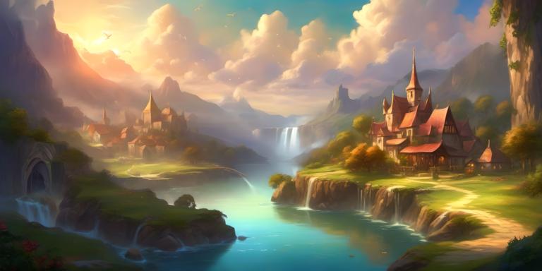 Fantasy Art,Fantasy Art, Village, village, scenery, waterfall, cloud, water, no humans, outdoors, sky, bird