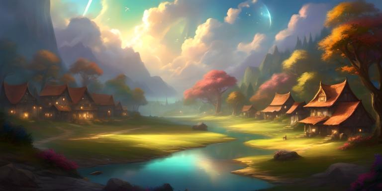 Fantasy Art,Fantasy Art, Village, village, scenery, no humans, tree, cloud, sky, outdoors, house, mountain