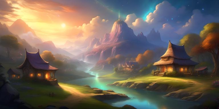 Fantasy Art,Fantasy Art, Village, village, scenery, no humans, sky, mountain, cloud, tree, outdoors, grass