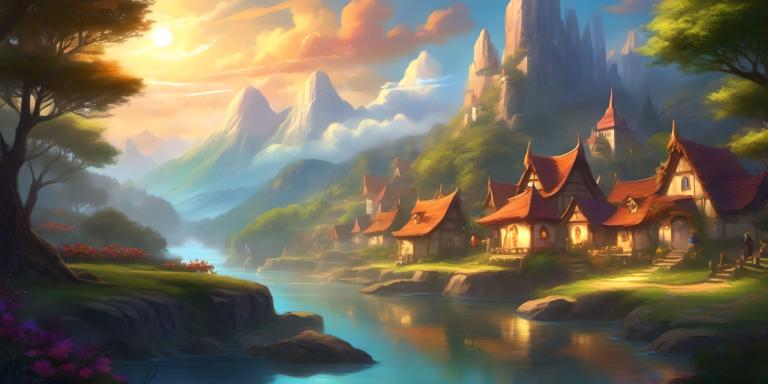 Fantasy Art,Fantasy Art, Village, village, scenery, tree, no humans, mountain, cloud, outdoors, sky, water