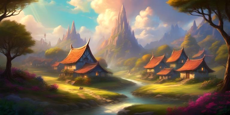 Fantasy Art,Fantasy Art, Village, village, scenery, tree, cloud, outdoors, sky, no humans, day, mountain