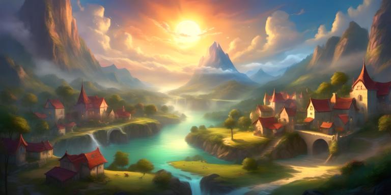 Fantasy Art,Fantasy Art, Village, village, scenery, no humans, cloud, sun, mountain, sky, outdoors, water