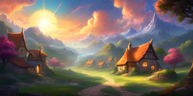 Fantasy Art,Fantasy Art, Village, village, scenery, tree, no humans, outdoors, cloud, mountain, sky, house