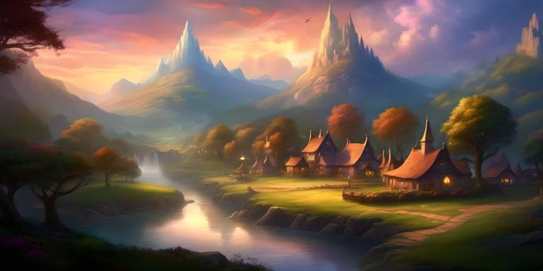 Fantasy Art,Fantasy Art, Village, village, scenery, tree, no humans, mountain, outdoors, cloud, water, sky