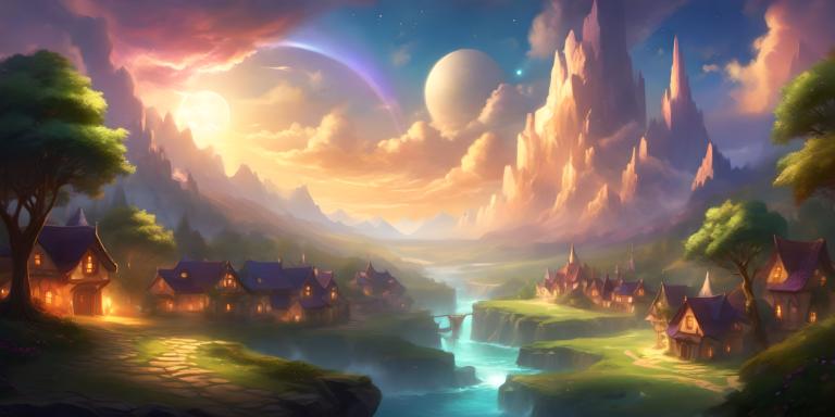 Fantasy Art,Fantasy Art, Village, village, scenery, tree, sky, cloud, moon, outdoors, no humans, water