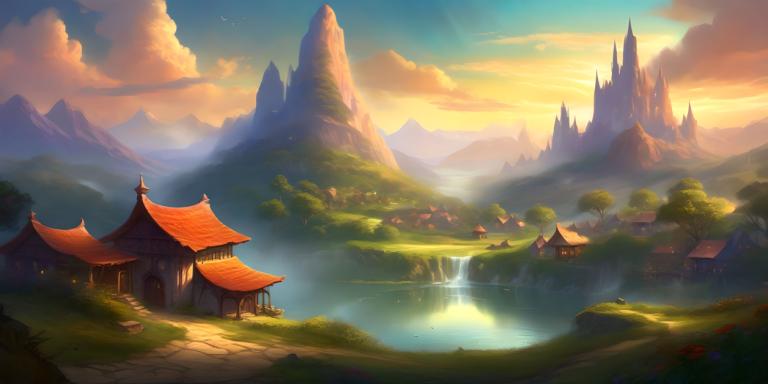 Fantasy Art,Fantasy Art, Village, village, scenery, no humans, mountain, cloud, outdoors, sky, water, tree